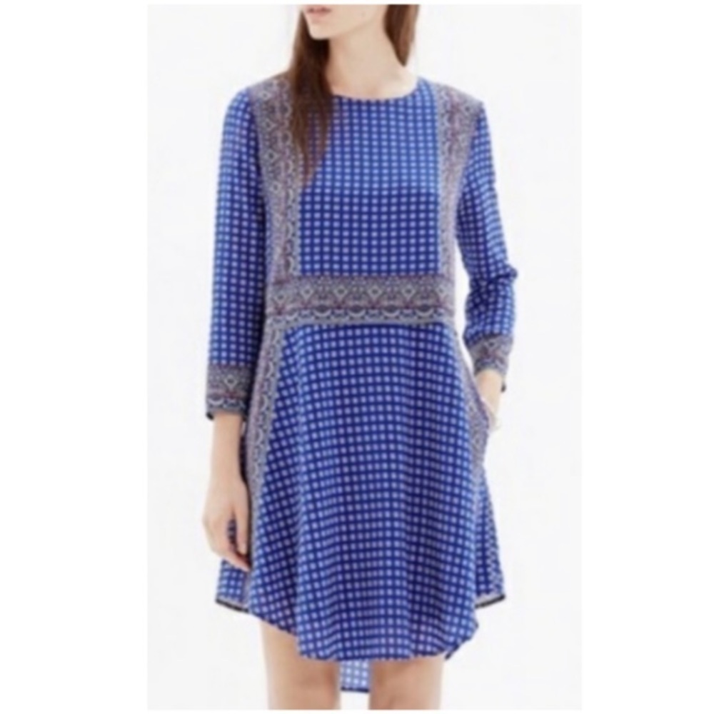 Madewell 100% Silk Blue Boho Print A-line Dress XXS